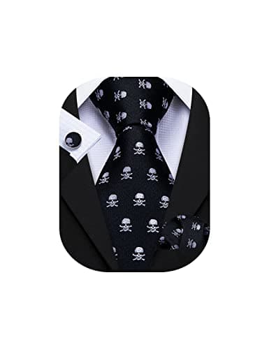 Image of Barry.Wang Halloween Ties for Men Skull Black White Silk Necktie Pocket Square Cufflinks Set Costume Party Cosplay Props