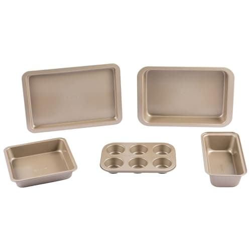 Image of Salter Bakes 5 Piece Bakeware Set – Non-Stick Coated Roaster, Baking Tray, Square Pan, Loaf Tin, Muffin Tray, Oven Safe Up to 220°C, PFOA-Free, for Cake/Cookies/Bread/Muffins, Gold