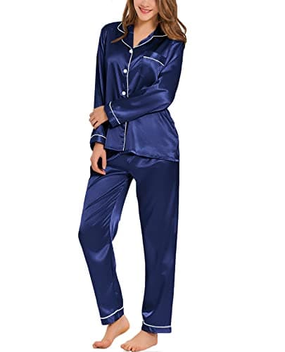 Image of SWOMOG Women's Pyjama Set Silk Satin Long Sleeve Button Down Pyjamas Two Piece Comfy Sleepwear and Loungewear Set Navy Blue