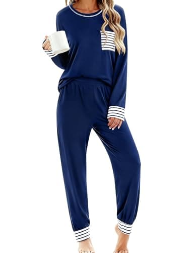 Image of SWOMOG Pyjama Sets for Women Long Sleeve Sleepwear Pj Sets Soft & Warm Nightwear Joggers Pyjamas Two Piece Loungewear Navy Blue
