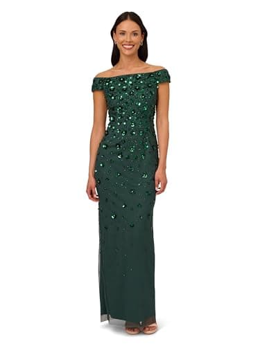 Image of Adrianna Papell Women's Off Shoulder Beaded Dress, Dusty Emerald, 22