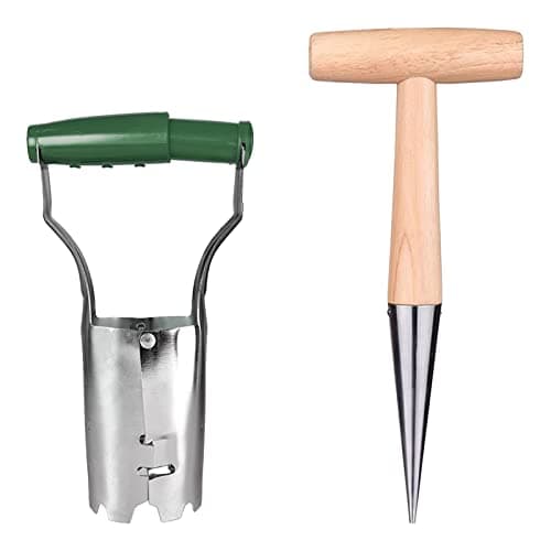 Image of Jetisva Set of 2 Garden Dibber for Planting Seed Planter Tool Stainless Steel Potato Planter Tool Hand Bulb Planter Transplanting Tool with Handle and Depth Mark for Vegetable Flower
