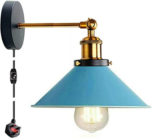 Image of LEDSone Retro Plug in Wall Light Lamps with 2m Plug in Cable Cord and Dimmer Switch, Edison Metal Swing Adjustable E27 Wall Sconce, Vintage Industrial Indoor Reading Bedside Lamp (Blue)