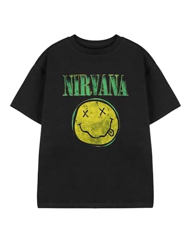 Image of Nirvana Kids Black Short-Sleeved T-Shirt | Yellow Logo Graphic Tee for Children | Grunge Music Band Unisex Apparel for Teens | Vintage Style Youth Top | Rock Merchandise Gift