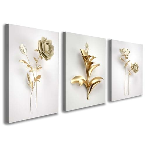 Image of Set of 3 Canvas Wall Art Luxury 3D Gold Flower Artwork for Living Room Modern Floral Wall Decoration Elegant Metal Texture Wall Art for Bedroom Hallway or Staircase with Hooks and Magic Tape 12x16 In