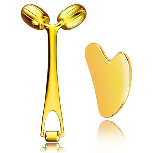 Image of Yeamon Face Massager, Metal Face Roller Gua Sha Massage Tool for Face Neck Eye Body Skin Care, Facial Roller for Women (Gold)