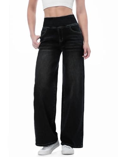 Image of Chasehot Pull on Wide Leg Jeans for Women, High Waisted Stretchy Baggy Trendy Tummy Control Straight Leg Jeans Denim Pants Black-M