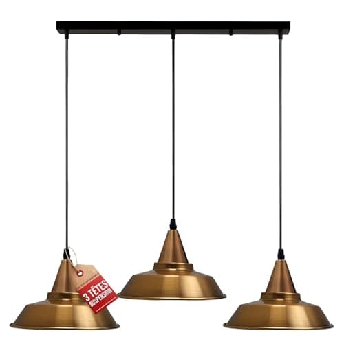 Image of LEDSone 3 Head Yellow Brass Vintage Industrial Ceiling Hanging Light Shade Loft Style Metal Ceiling Pendant Lamp for Kitchen Island, Living Room, Dining Room E27 UK Holder Kit, Bowl, Yellow Brass
