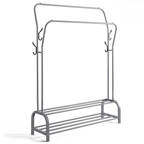 Image of OurHouse 110cm Mega Dual Grey Metal Clothes Rail Midi | Freestanding Clothes Rack Clothing Rail Up To 15Kg with Shoe Rack for Storage | Small Clothes Rail | Bedroom Closet Student Portable Storage