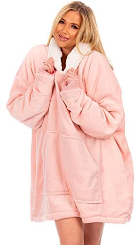 Image of Adore Home Oversized Hoodie Blanket Sherpa Hooded Sweatshirt Top Large Soft Plush, Blush Pink