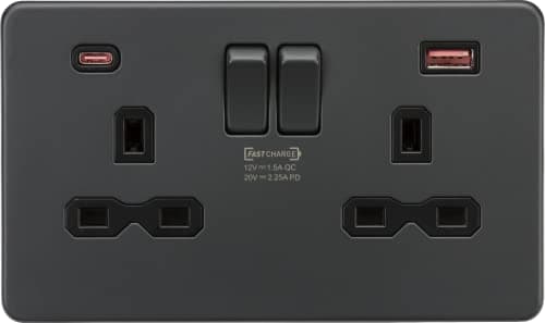 Image of Knightsbridge 13A 2G DP Switched Socket with Dual USB A+C [45W FASTCHARGE] - Anthracite