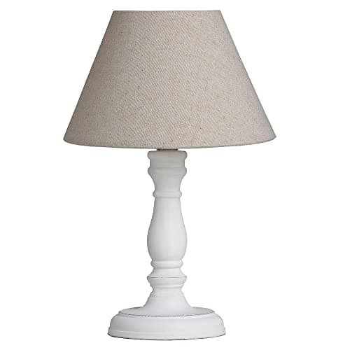 Image of White Washed Wood Vintage Rustic Table Lamp with Oatmeal Linen Fabric Tapered Shade | 30cm Height | 1 x ES E27 Lamp Bulb Required | UK Approved | in-Line On Off Switch | Wooden Lathe Turned
