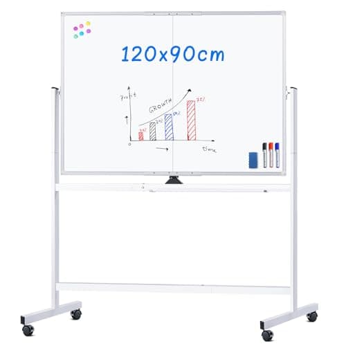 Image of maxtek Magnetic Whiteboard with Stand, 120 x 90 cm Double Sided Large White Board, Whiteboard on Wheels Aluminium Frame for Office, Home, School