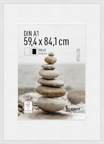 Image of accent by nielsen Apollon Wooden Picture Frame - White A1 (59.4x84.1cm) with White Mount for A2 Picture - Float Glass and Easy Push and Turn Clips