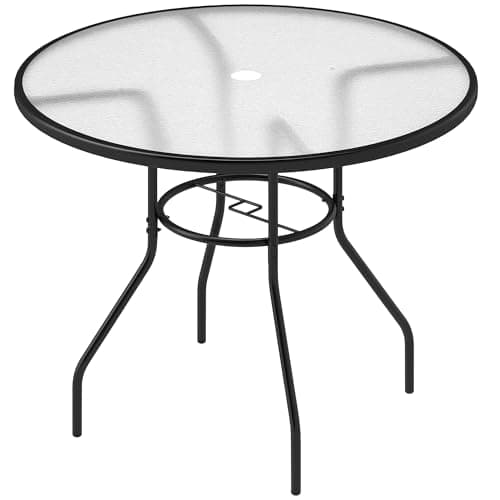 Image of Outsunny 100 cm Round Dining Table with Parasol Hole, Outdoor Coffee End Side Table with Tempered Glass Top, Steel Frame for Garden, Patio, Black