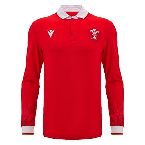 Image of Macron Wales WRU 2024/25 Adults Long Sleeve Cotton Rugby Shirt (UK, Alpha, XXL, Regular, Regular, Red)