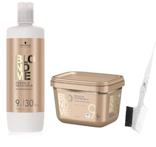 Image of Schwarzkopf BlondMe Bond Enforcing Premium Lightener 9+ Dust Free 450g, Schwarzkopf BlondMe Premium Developer 9% / 30 Volume 1L, M Hair Designs Tint Brush/Comb (Bundle - 3 items)
