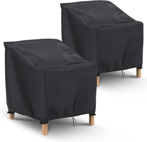 Image of 2 Pack Larger Garden Stacking Chair Cover Waterproof with Drawstring Reclining Outdoor Chair Cover Windproof Anti-UV 420D Oxford Patio Chair Storage Covers