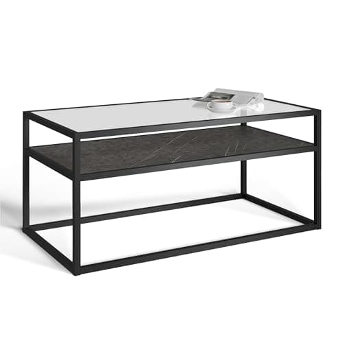 Image of URBNLIVING Glass Display Top Coffee Table with Steel Frame Reversible Wooden Storage Shelf