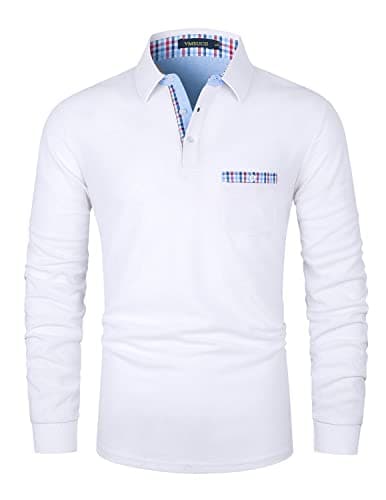 Image of VMSUCIJ Men's Polo Long Sleeve Plaid Denim Stitched Cotton Golf T-Shirt with Real Pocket M-3XL,White,XL