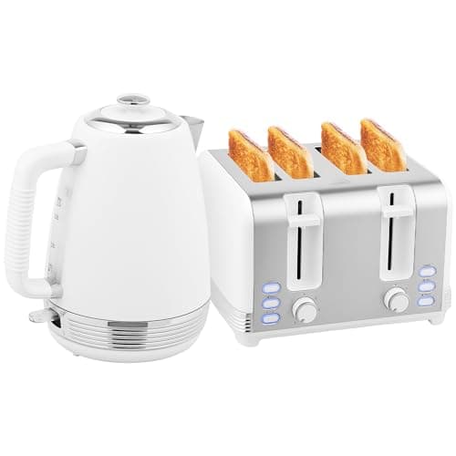 Image of HOMCOM Stainless Steel Kettle and Toaster Set, 1.7L 3000W Rapid Boil Jug Kettle with UK Strix Thermostat, Limescale Filter, 4 Slice Toaster with 7 Browning Controls, Crumb Tray, White and Silver Tone