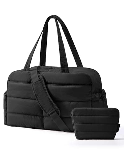 Image of bagsmart 31L Puffer Tote Gym Bag for Women, Weekender Overnight Organiser Personal Item Carry On Bag with Laptop Compartment, Travel Duffer & Trolley Sleeves - Black