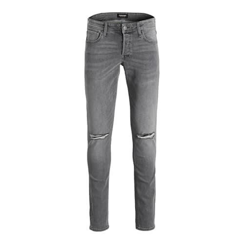 Image of JACK & JONES Mens Distressed Jeans Skinny Fit Low Rise Grey Jeans for Men UK, Grey Colour, Size- 32W / 30L