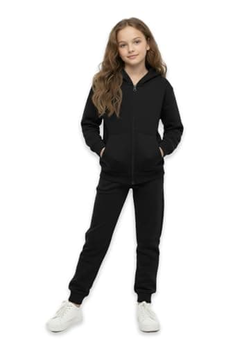 Image of CASUALKING Tracksuit Set Kids Girls Long Sleeve Pullover Zip Up Sweatshirt: Joggers and Hoodie Set Girls 2 Piece Outfit Long Sleeve Activewear Back to School (UK, Age, 13 Years, Black)