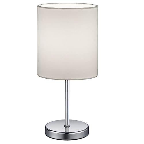 Image of Britalia Polished Chrome Slimline Metal Stem Table Desk Lamp with White Fabric Cylinder Drum Shade | 28cm Height | 1 x SES E14 Lamp Bulb Required | UK Approved | Sleek & Simplistic Design