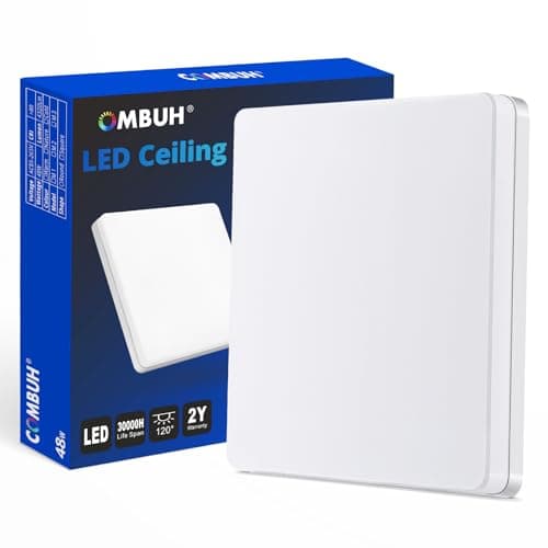 Image of Combuh 30CM LED Flush Ceiling Light Cool White 6500K, IP44 Waterproof, Bright 48W Square Modern Lighting Fitting for Bathroom, Kitchen, Living Room, Roof, Office