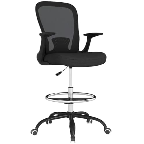 Image of HOMCOM Drafting Chair, Ergonomic High Office Chair with Flip-up Armrest, Mesh Back, Lumbar Support, Adjustable Foot Ring, Swivel Wheels, for Standing Desk, Black