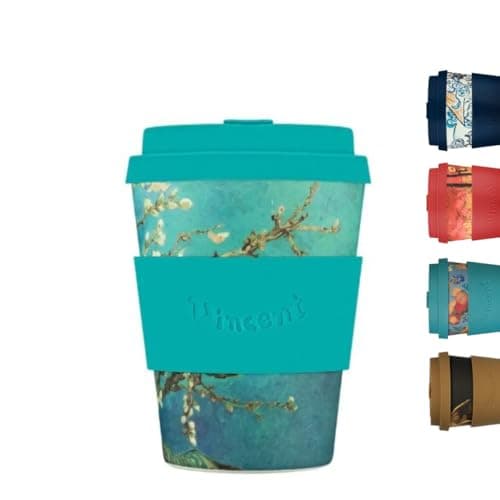 Image of Ecoffee Cup 12oz 350ml Van Gogh Collection Reusable Eco-Friendly 100% Plant Based Coffee Cup with Silicone Lid & Sleeve - Melamine Free Dishwasher/Microwave Safe Travel Mug