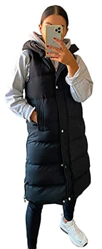 Image of shelikes Women's Gilet Jacket Longline Hooded Quilted Winter Wear Long Coat For Women Hood Jackets (Black X-Large)