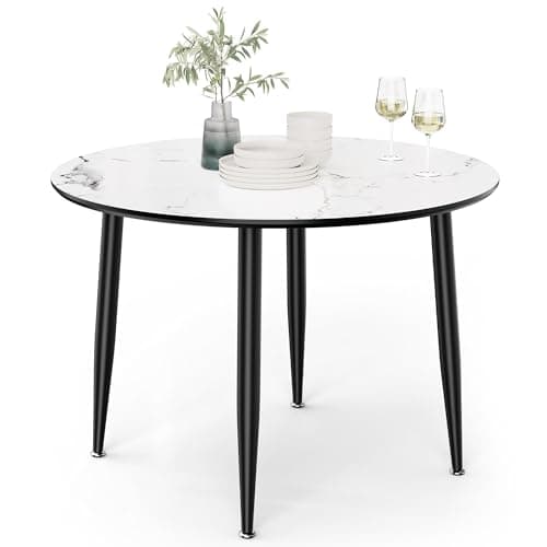 Image of VonHaus Dining Table - 4 Seater Kitchen Table for Dining Room - Round Marble Effect Dinner Tabletop for 4 People - Circular Modern Top with Black Tapered Legs - D110cm x H75cm - Parma
