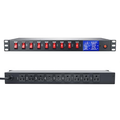 Image of 9-Way Rack Mount Power Strip with Single Switches, 15A PDU Surge Protector, 125V, 1875W, Power Distribution Unit for 1U Server Rack Including