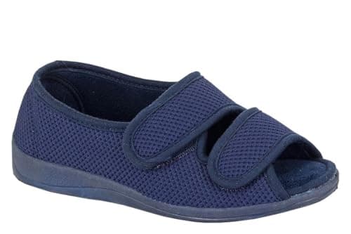 Image of Sleepers Womens Dora Touch Fastening Memory Foam Wide Open Slippers With Rubber Sole Navy Blue 7 UK
