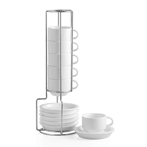 Image of Sweejar Home Porcelain Espresso Cup & Saucer Set, Stackable Demitasse Cups with Metal Stand, 70 ml for Latte,Coffee,Cafe Mocha,Tea, Set of 6 (White)