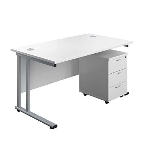 Image of Office Hippo Professional Cantilever Office Desk With 3 Drawer Mobile Pedestal, Wood, White, Silver Frame, 140 x 80 x 73 cm
