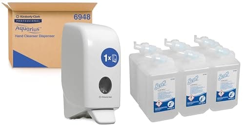 Image of Scott Control Foam Antibacterial Soap 6348 - Unscented Foaming Hand Soap - 6 x 1 Litre Clear Hand Wash Refills with Aquarius White Wall Mounted Hand Cleanser Dispenser 6948