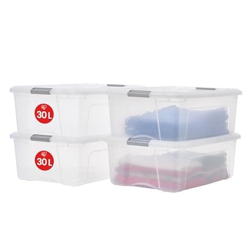 Image of Iris Ohyama Storage Boxes with Lids, 30L, Set of 4, Silver, Secure Buckles, Stackable, Pull-Handles, For Bedroom, Closet, Office, Organisation, BPA Free Plastic, Clothes Tote, NTB-30