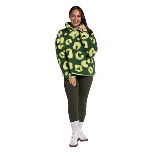 Image of OHS Fleece Jacket Women Half Zip, Abstract Leopard Print Teddy Fleece Jacket Soft Cosy Warm Winter Clothing Women's Jackets Sweatshirt Long Sleeve Ladies Jackets Top for Outdoor, Green - S/M