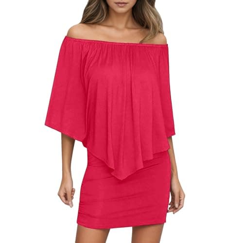 Image of Stylish Casual Dress for Women Off Shoulder Ruched Mini Dress Perfect for Daily Wear, red, S