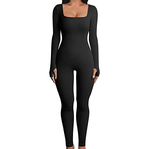 Image of Aunaeyw Women‘s Jumpsuits Sexy Ribbed Knit Bodycon Square Neck Long Sleeve One Piece Romper Jumpsuit Yoga Workout Unitard Playsuit