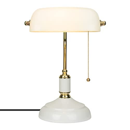 Image of JCPYIUL Banker Lamp White, Vintage Desk Lamp with Brass Base and Zipper Switch, for Office, Library, Study, Study Room, Bedroom