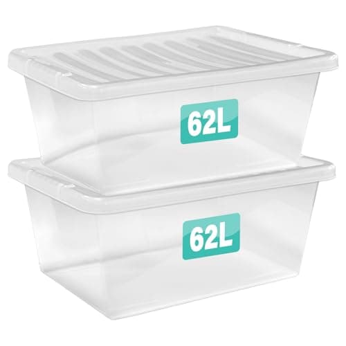 Image of 2 x 62 Litre Clear Plastic Storage Boxes With Lids Set of 2, Transparent Multipurpose Nestable Stackable Plastic Box With Lid Containers For Home, Kitchen, Garage, Office, Accessories