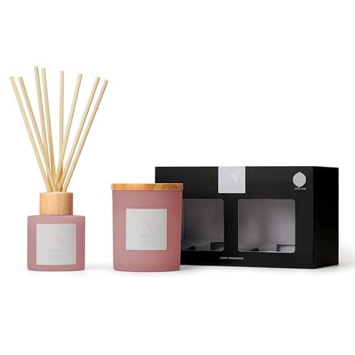 Image of Aroma Naturals Frosted Decadence Candle & Reed Diffuser Gift Set – 213g Frosted Glass Candle with Wooden Lid & 100ml Diffuser with 6 Reeds, Luxury Home Fragrance Gift (Pink Cherry & Vanilla)