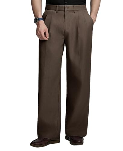 Image of FEDTOSING Wide Leg Dress Trousers for Men Pleated Old Money Baggy Pants Loose Fit Elastic Waist Wedding Trousers Coffee