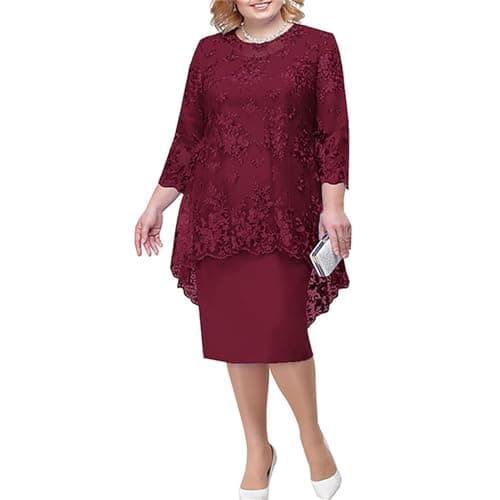 Image of Zeiayuas Plus Size Dresses for Women UK Lace Floral Embroidered Cocktail Dress 3/4 Sleeve Elegant Midi Dress Tunic Evening Sparkly Glitter Party Dress Wedding Guest Gown Wine