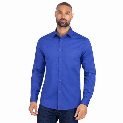 Image of Mens Long Sleeve Shirt Tailored Fit Easy Iron Collared Button Up Poplin Smart Casual Business Wedding Office Shirt (Royal, 16.5)