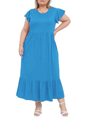 Image of Moon Wood Summer Dresses for Women Crew Neck Ruffle Sleeve Curvy Long Dress with Pockets Turquoise XL